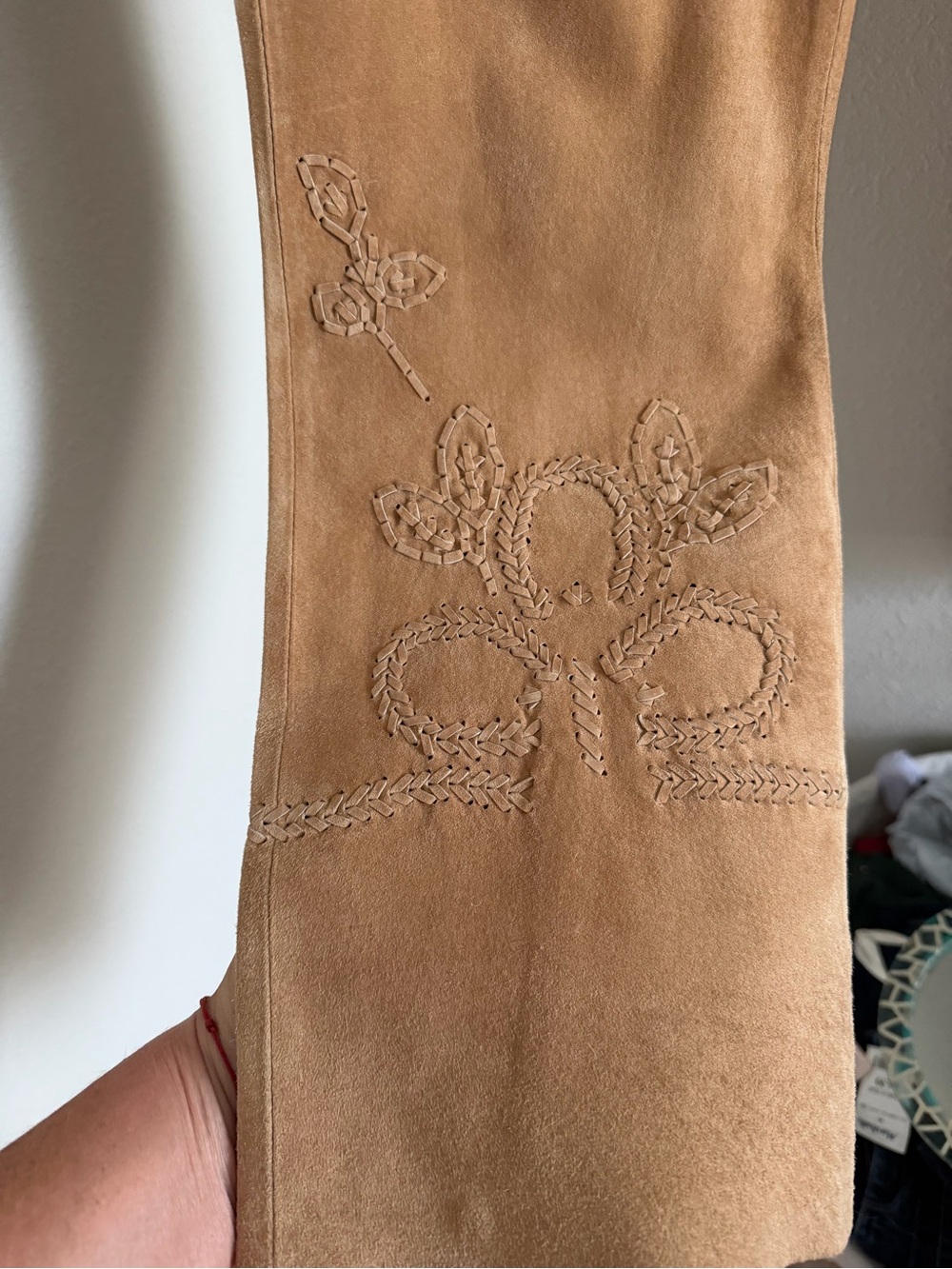 Women's Tan Suede Embroidered Jeans - Picture 5 of 13
